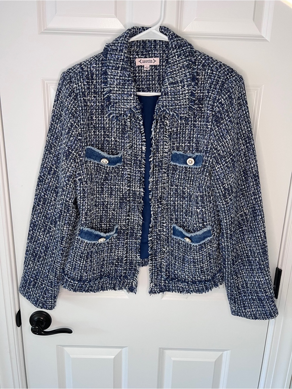 Blue. White and Silver Bouclé Tweed Women’s Blazer with Denim Accents Size L